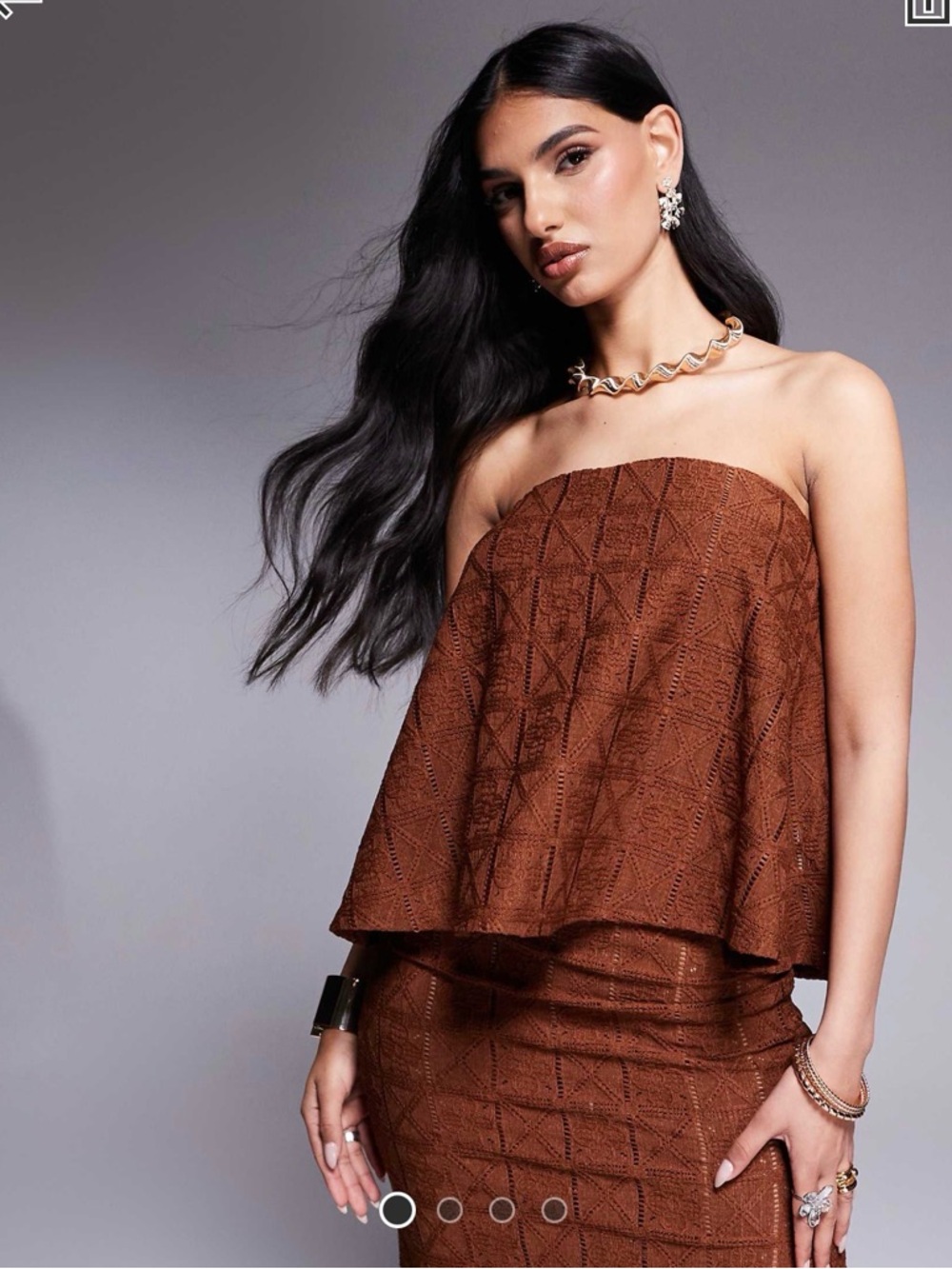Strapless Brown Crochet Two-Piece Set